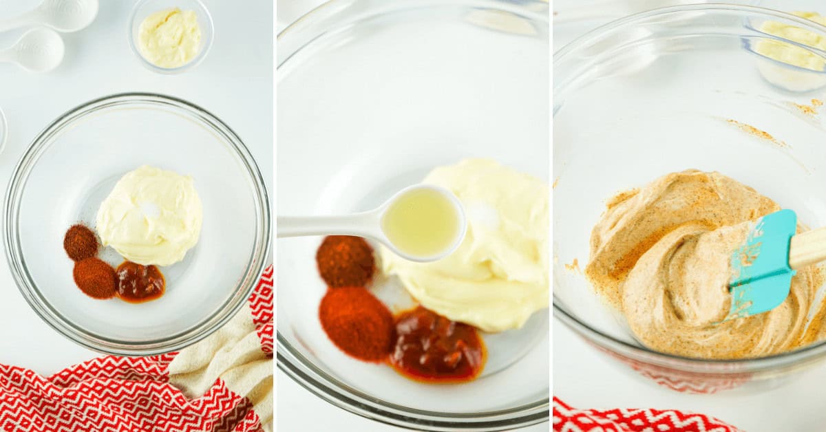 Four pictures of ingredients including Chipotle Mayo blended together in a blender.