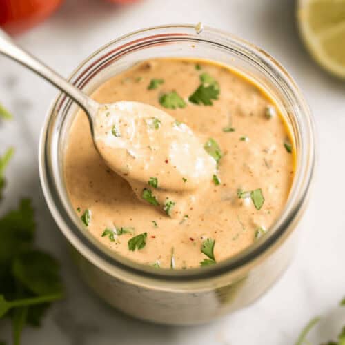A mason jar of the chipotle ranch dressing.