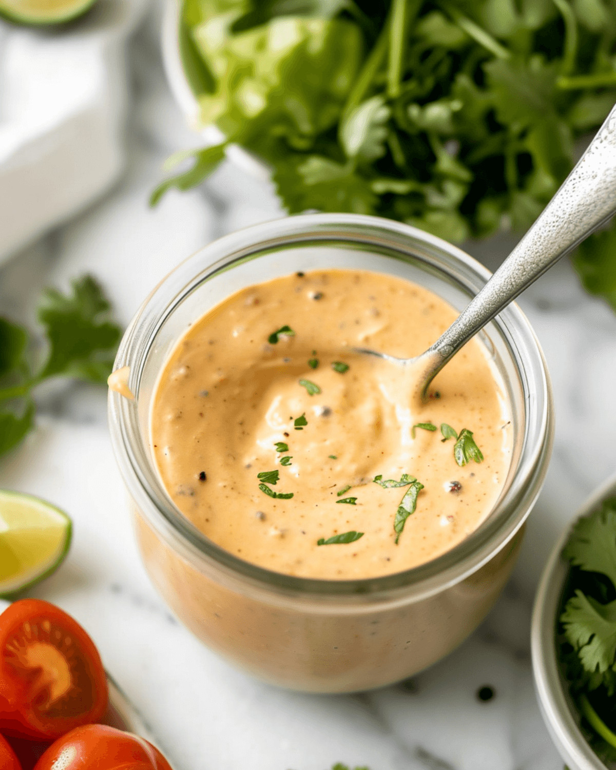 A spoon in the jar of the chipotle ranch dressing.