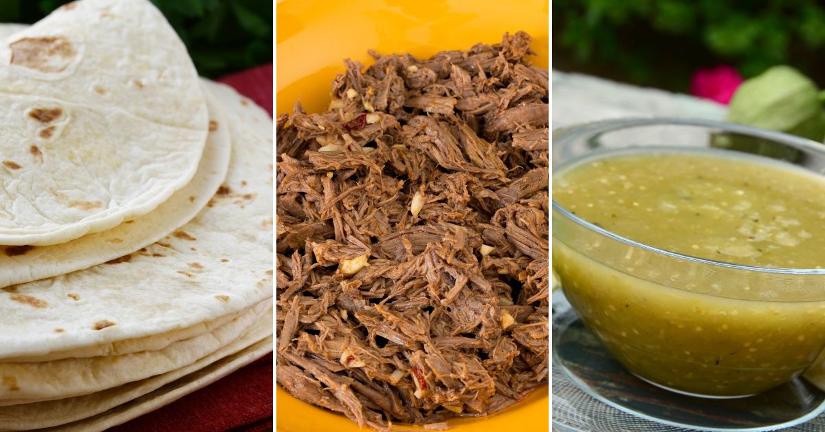 Four pictures featuring Beef Chimichangas, including meat, tortillas, soup and a drink.