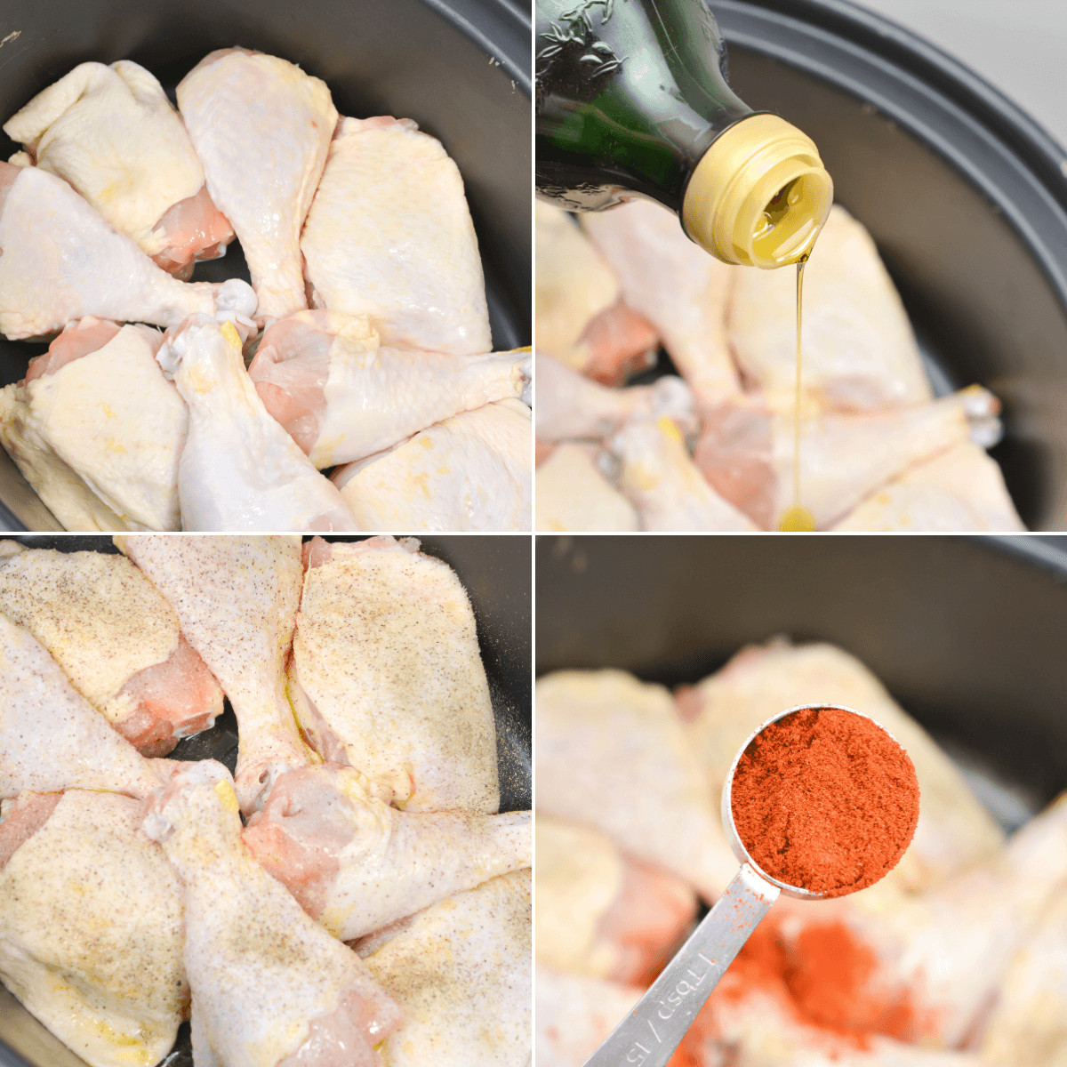 A series of photos showing how to cook chicken in a slow cooker with bbq sauce.