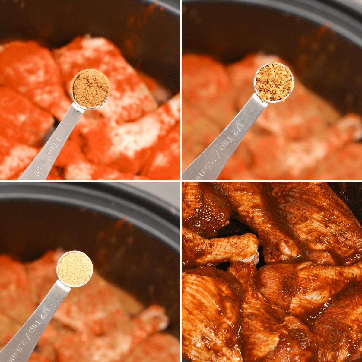 Four pictures illustrating the process of cooking tender crockpot BBQ chicken.