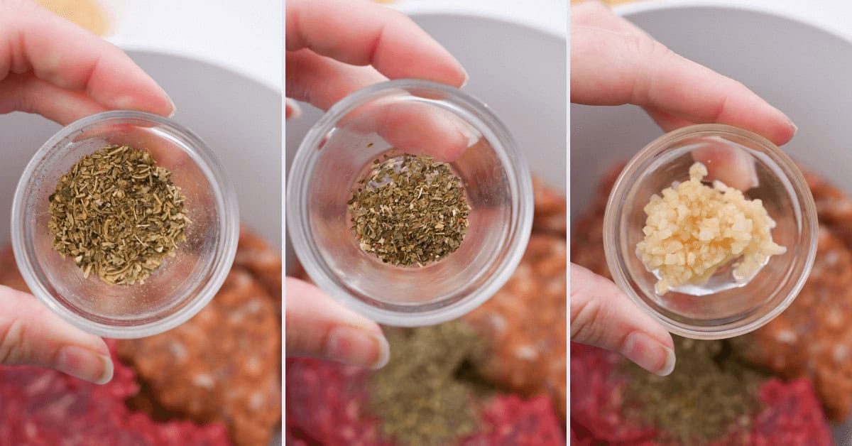 Four pictures of a person sprinkling Italian spices into a bowl.