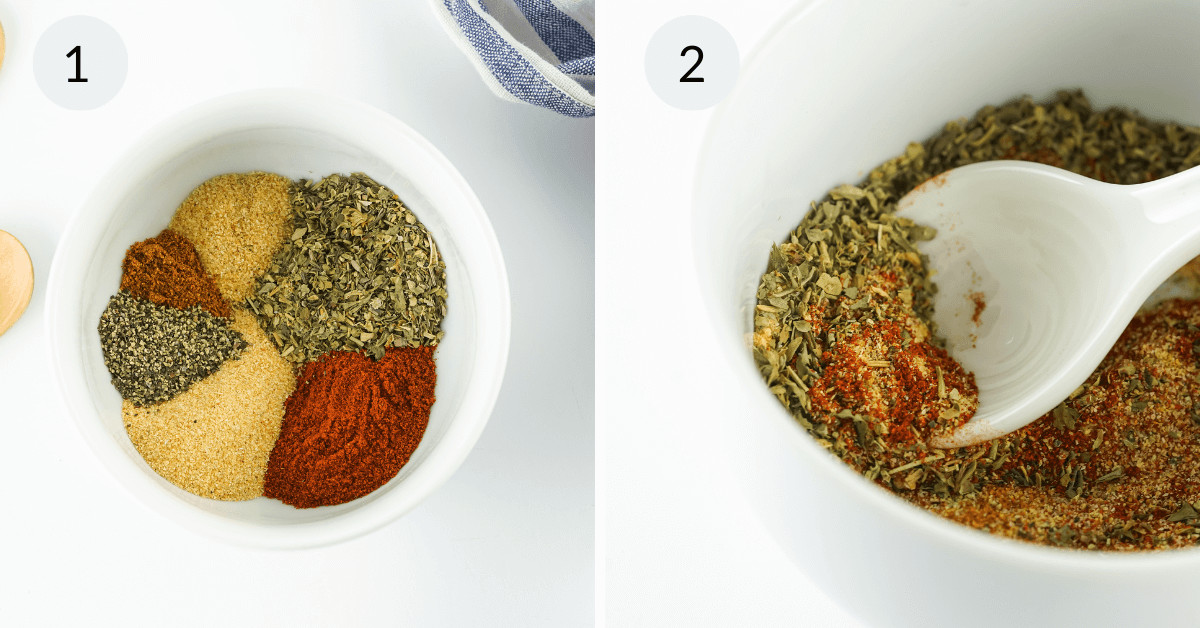 Photos demonstrating how to create a homemade spice mix for French fry seasoning.