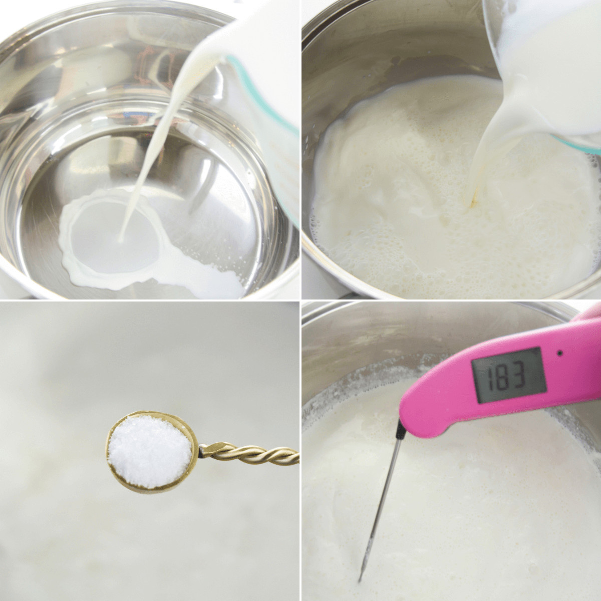 A series of photos illustrating the process of making ricotta cheese.