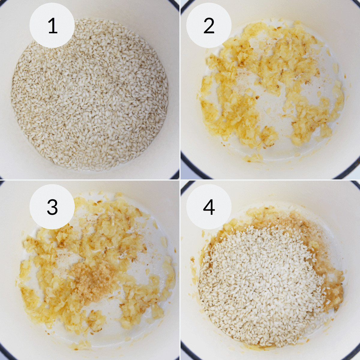 Four pictures illustrating the process of preparing the rice.