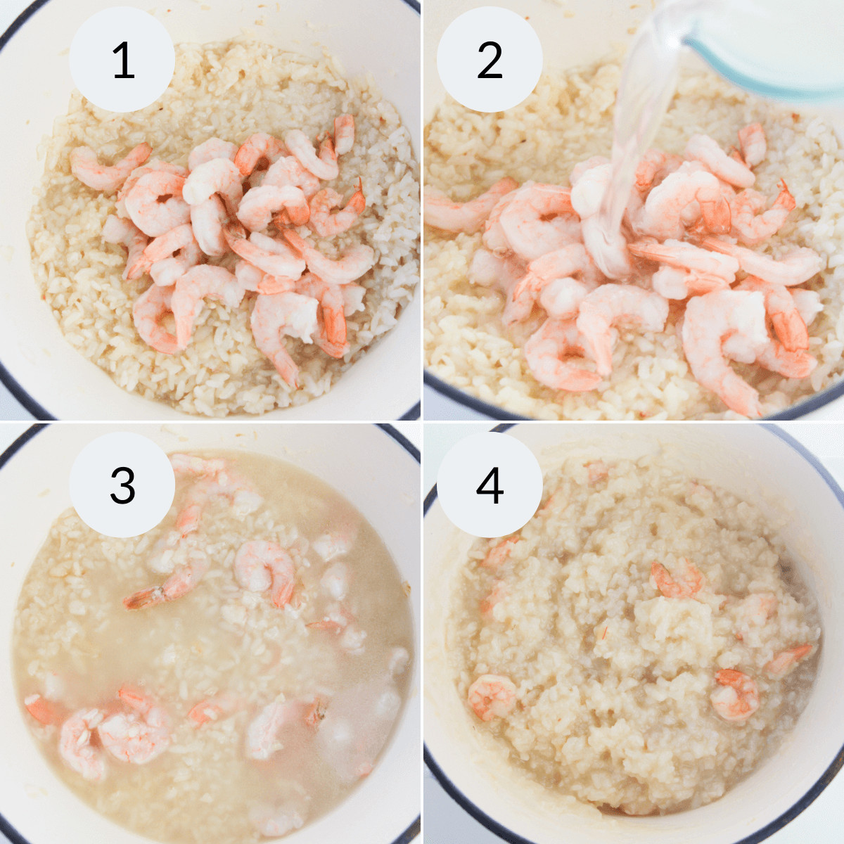 A series of photos illustrating how to prepare a zesty Lemony Shrimp Risotto.