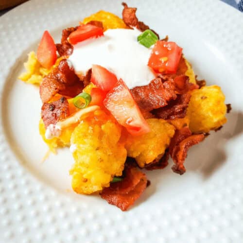 A plate of loaded tater tots.