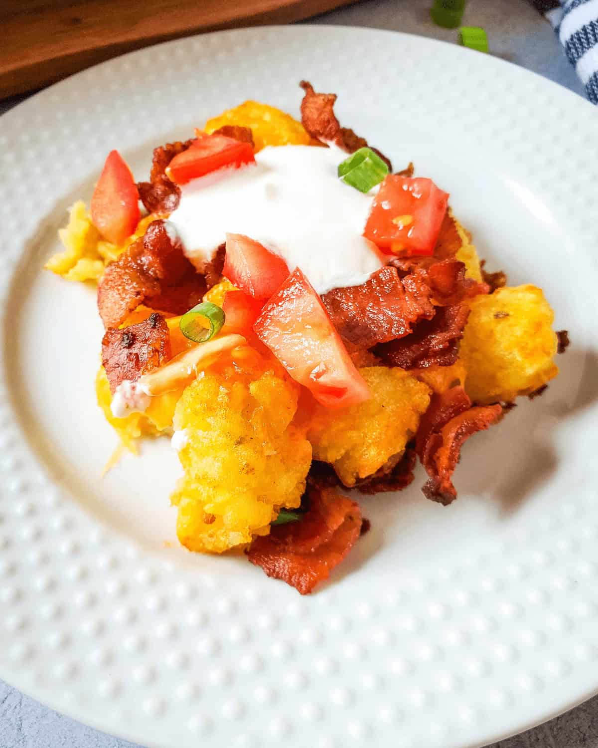 A plate of loaded tater tots.