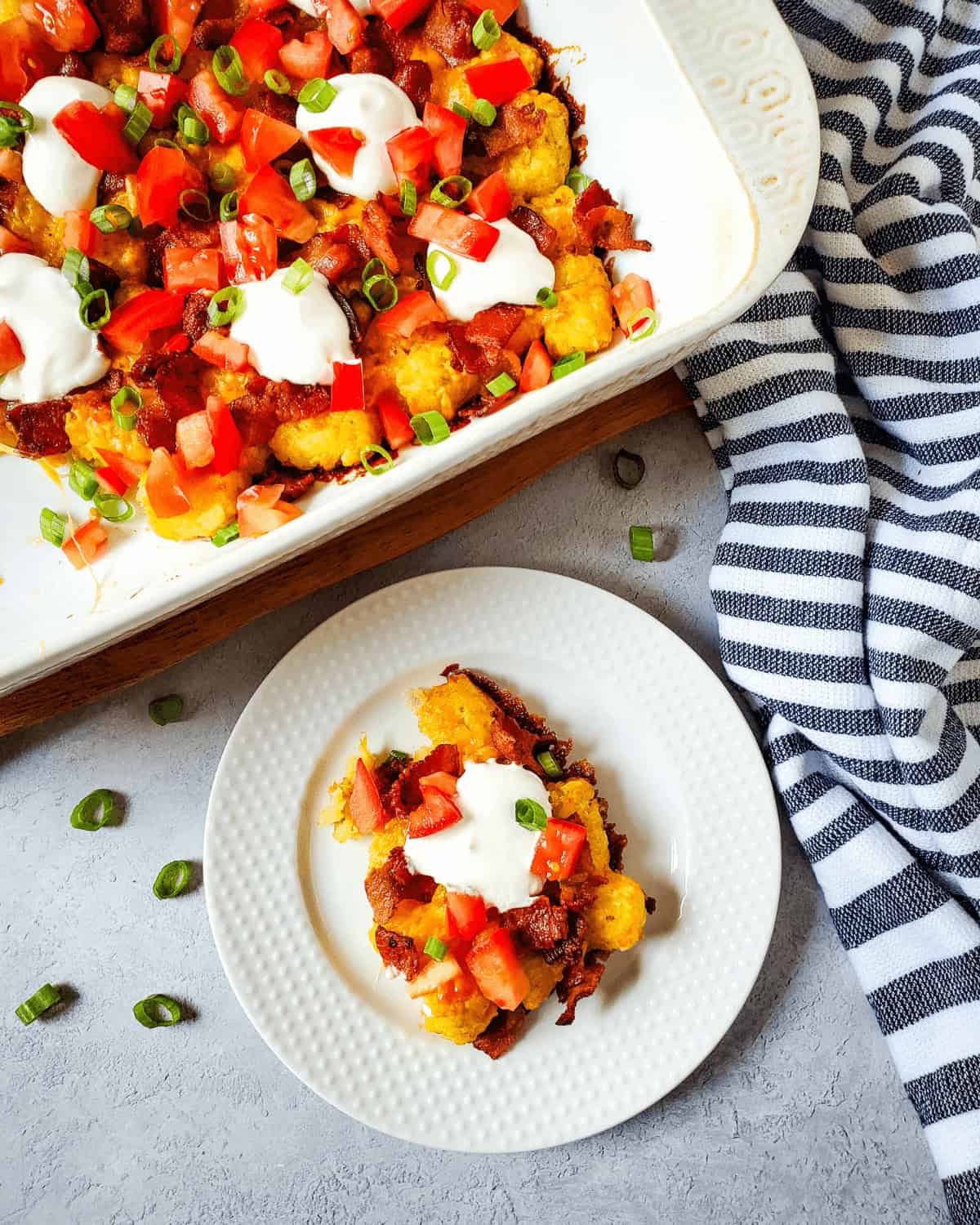 A casserole dish of the loaded tater tots.