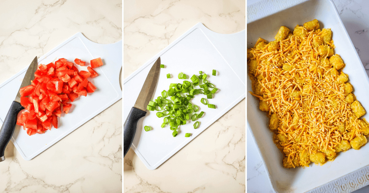 Four pictures demonstrating how to make loaded tater tots.