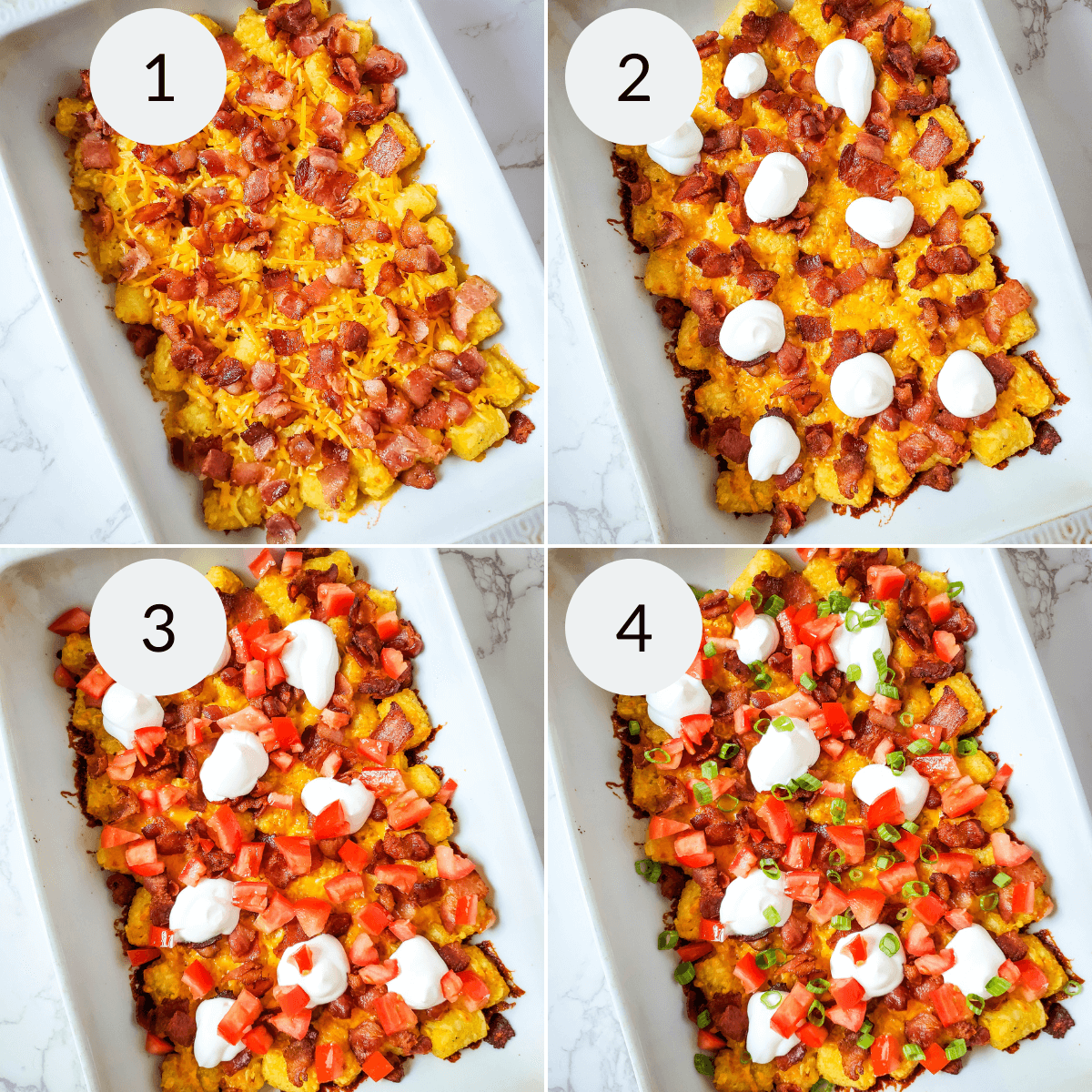 Four pictures demonstrating the process of making a casserole with bacon, tomatoes, and sour cream, inspired by loaded tater tots.