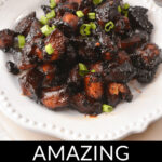 Delicious pork burnt ends on a plate with the text "Amazing Pork Burnt Ends.