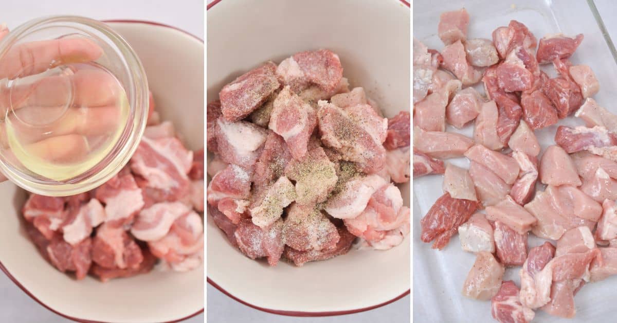 Three-step process showing raw Pork Burnt Ends cubes being marinated with oil and spices in a bowl, then spread out in a single layer on a tray.