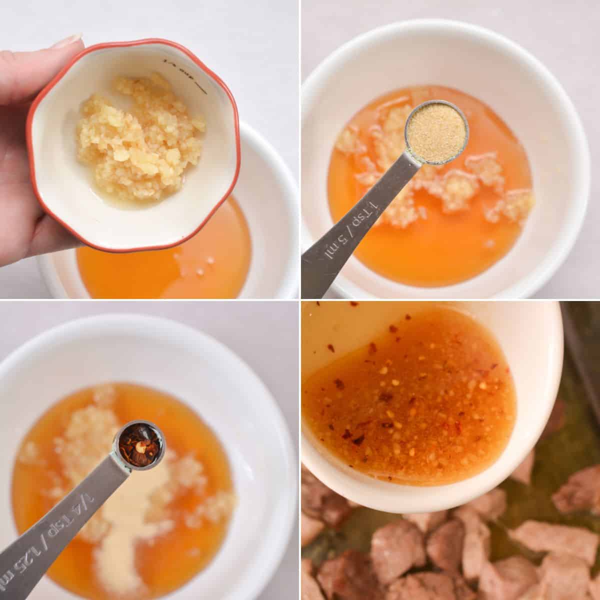 Four-step collage showing garlic, ground ginger, chili flakes, and sauce being combined in a bowl, with the final mixture poured over sliced pork burnt ends.