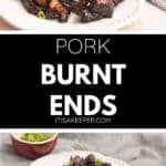 A plate of savory Pork Burnt Ends garnished with chopped green onions, placed on a white plate with a gray napkin and a small bowl of green onions in the background.