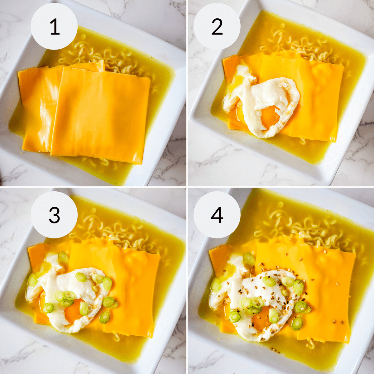 A series of pictures showing how to make a cheese noodle dish incorporating ramen and mac and cheese.