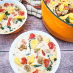 Two bowls of Sausage Spinach and Tortellini Soup.