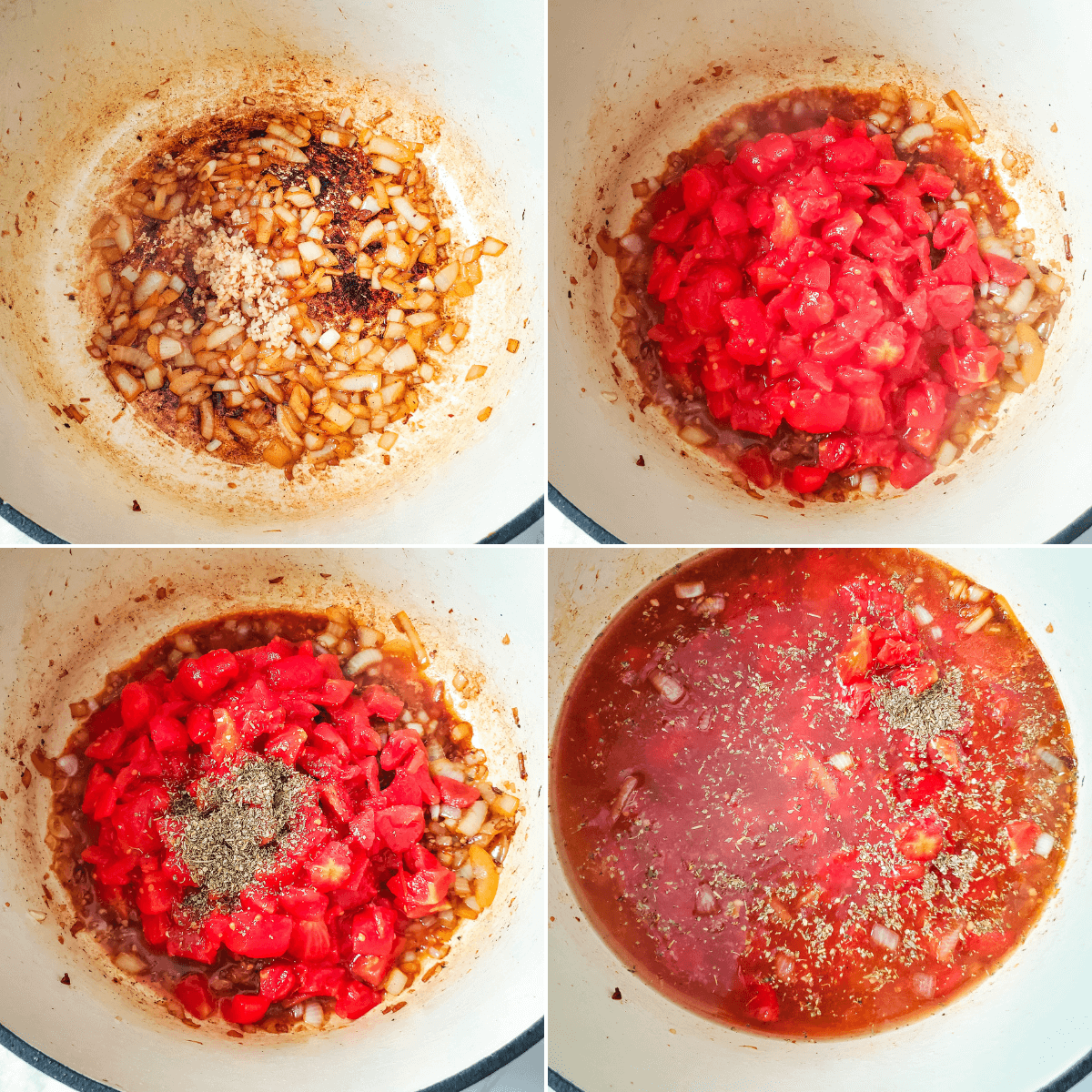 Four photos showing the process of making a sausage and tomato sauce.