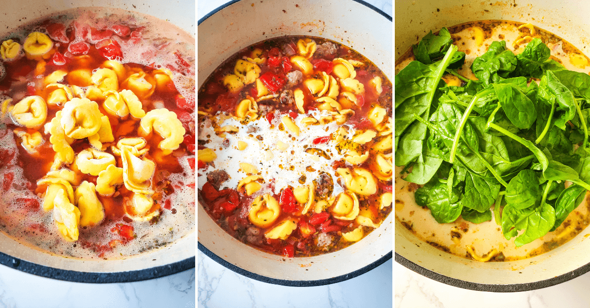 Four photos of Sausage and Spinach Tortellini Soup in a pot.
