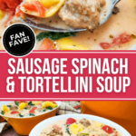 Enjoy a flavorful bowl of Sausage Spinach and Tortellini Soup.