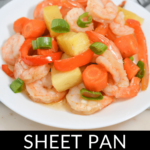 Delicious shrimp teriyaki and pineapple cooked on a sheet pan.