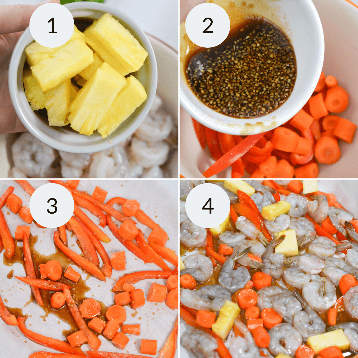 A series of photos showing how to make the sheet pan shrimp dinner.