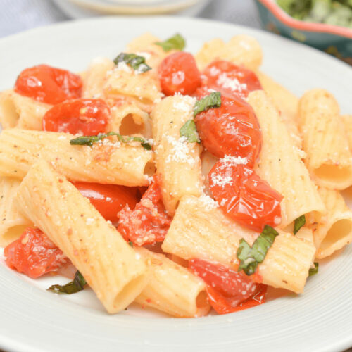 Indulge in a flavorful plate of slow roasted tomato basil pasta topped with parmesan cheese.