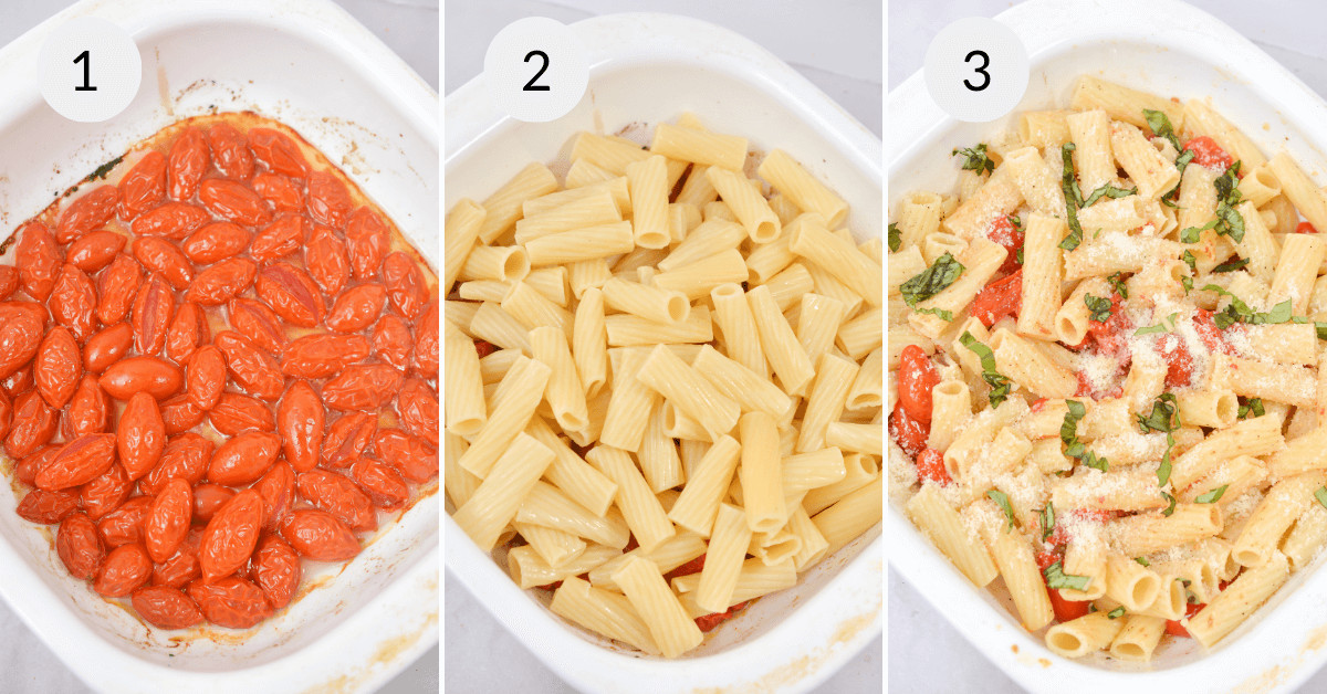 Pictures depicting the process of making penne pasta with slow roasted tomato basil pasta.