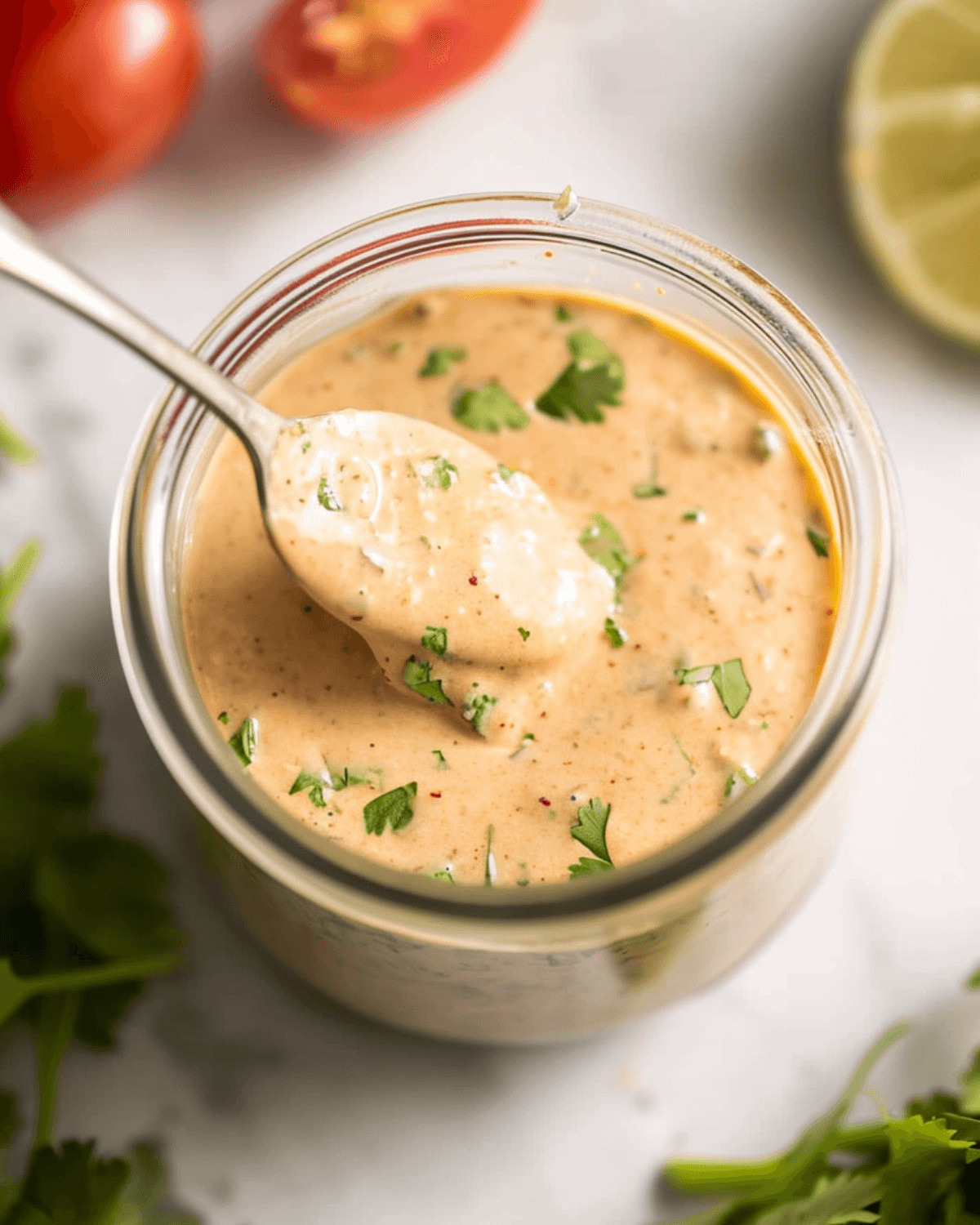 A jar of Southwest Ranch Dressing with a spoon.