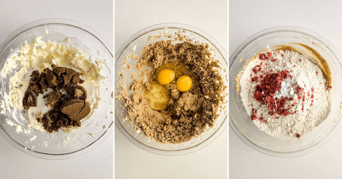 Photos showing the ingredients for a strawberry cake.