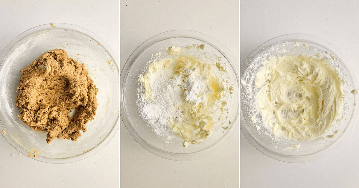 Pictures showing the ingredients for strawberry cheesecake cookies.