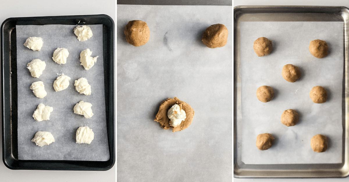 Scooping out the cookies on a baking sheet.