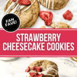 Strawberry cheesecake cookies presented on a white plate.