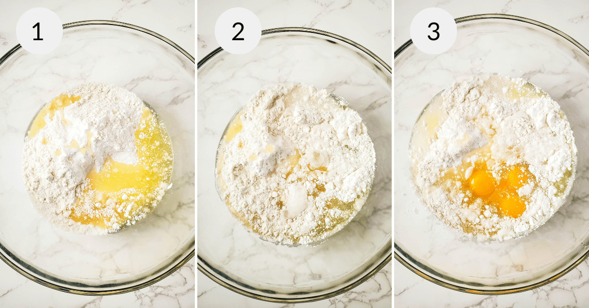 The process of mixing flour and eggs in a bowl for a dessert.