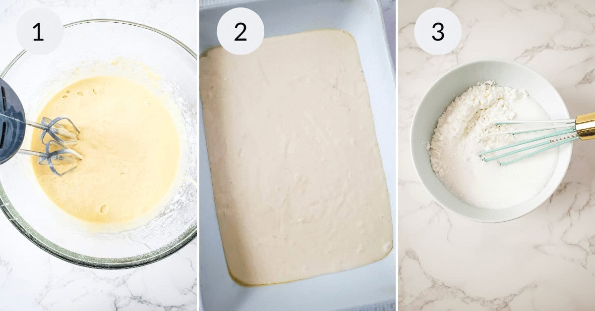 Four pictures showing how to make a vanilla cake batter.
