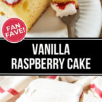 A delicious vanilla raspberry cake on a white plate.