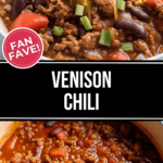 Slow-cooked venison chili served in a pot and bowl.