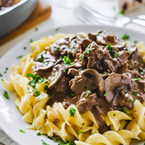 Plate of egg noodles topped with venison stroganoff in a creamy mushroom sauce, garnished with chopped parsley.