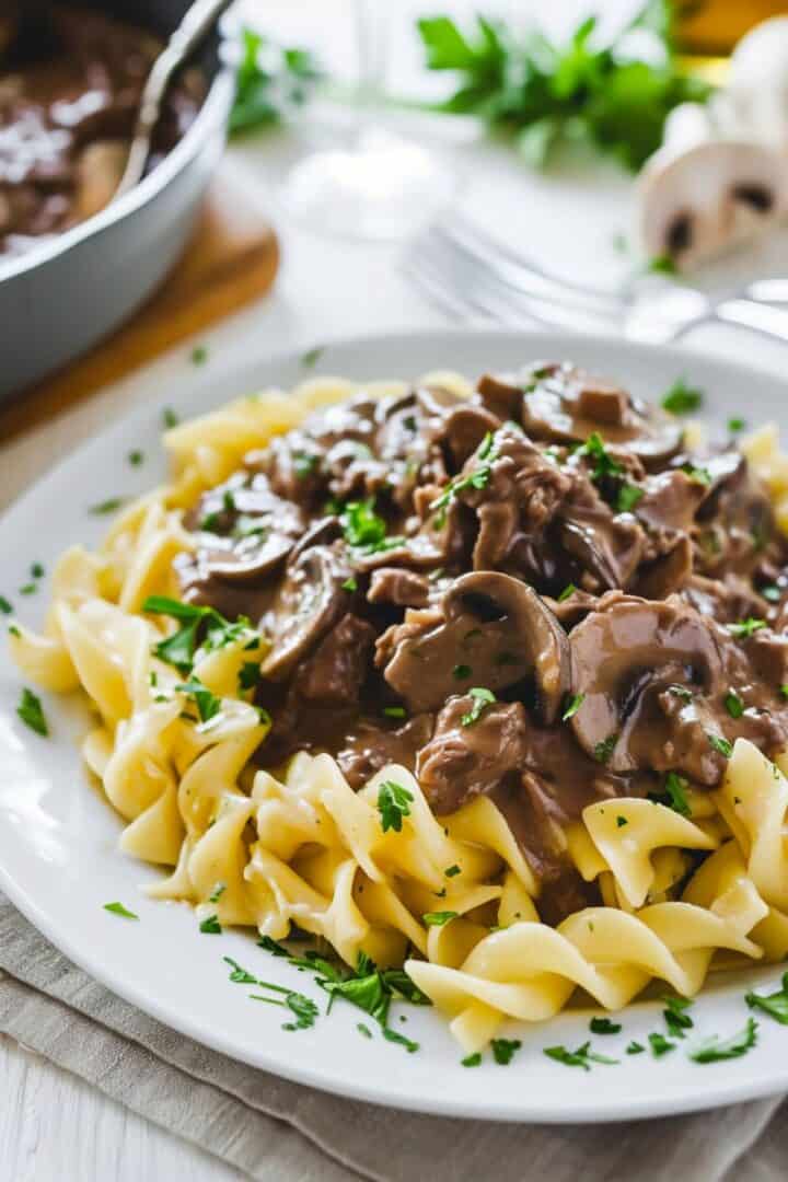 Plate of egg noodles topped with venison stroganoff in a creamy mushroom sauce, garnished with chopped parsley.