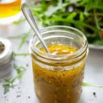 A mason jar of the White Balsamic vinaigrette.