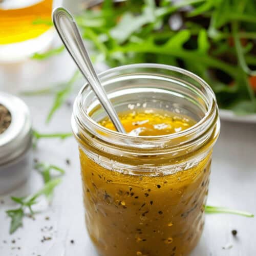 A mason jar of the White Balsamic vinaigrette.