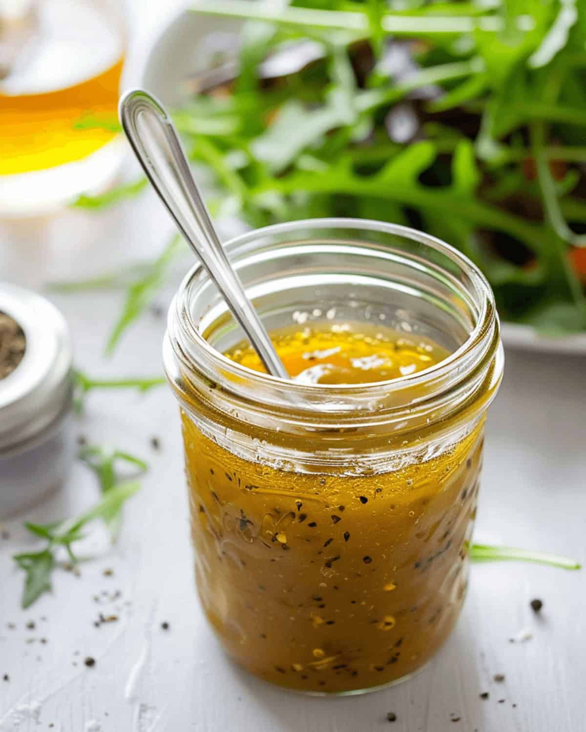 A mason jar of the White Balsamic vinaigrette.