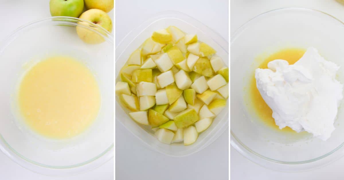 Three images show: a bowl of mixed wet ingredients, a bowl of chopped apples, and a bowl with wet ingredients topped with whipped cream, all on a white surface—perfect steps for preparing an easy Apple Snickers Salad dessert salad.