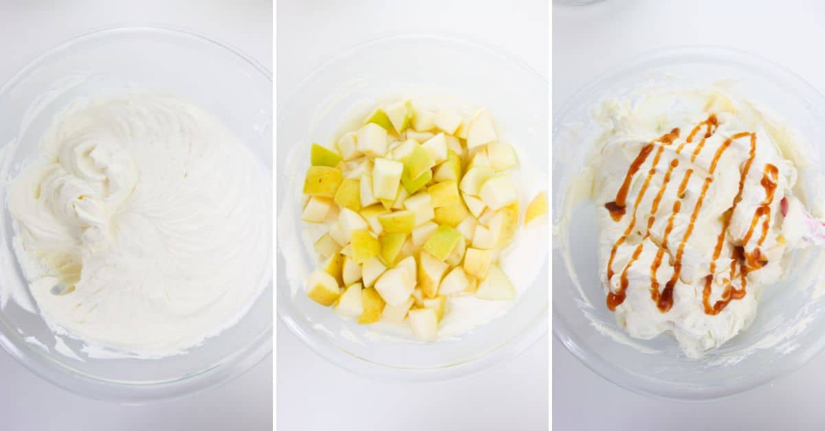 Three side-by-side bowls: whipped cream, chopped apples on whipped cream, and a classic Apple Snickers Salad—whipped cream topped with apples and drizzled with caramel sauce.