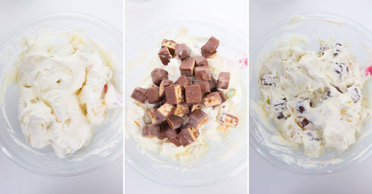 Three bowls show step-by-step preparation of this delightful dessert salad: whipped cream cheese mixture, addition of diced chocolate candy bars, and the final mixture with candy pieces blended in—a perfect example of Apple Snickers Salad to add to your favorite apple recipes.