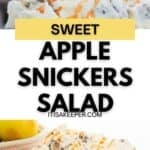 A glass bowl of Apple Snickers Salad topped with caramel drizzle, with fresh apples and a Snickers bar in the background—this irresistible dessert recipe is a perfect blend of sweet and crunchy flavors.