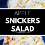 Close-up of Apple Snickers Salad, a delicious dessert salad topped with whipped cream and caramel drizzle, shown in a glass bowl.