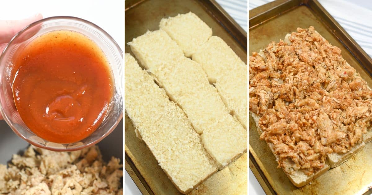 Three-step sandwich prep for delicious BBQ Chicken Sliders: a bowl of barbecue sauce, a baking sheet with bread slices, and another with shredded chicken spread over bread.