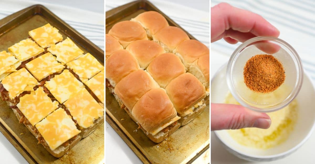 Three images: cheese slices on sandwich rolls, baked BBQ Chicken Sliders on a tray, and a hand holding a small bowl of seasoning above a larger bowl of melted butter.
